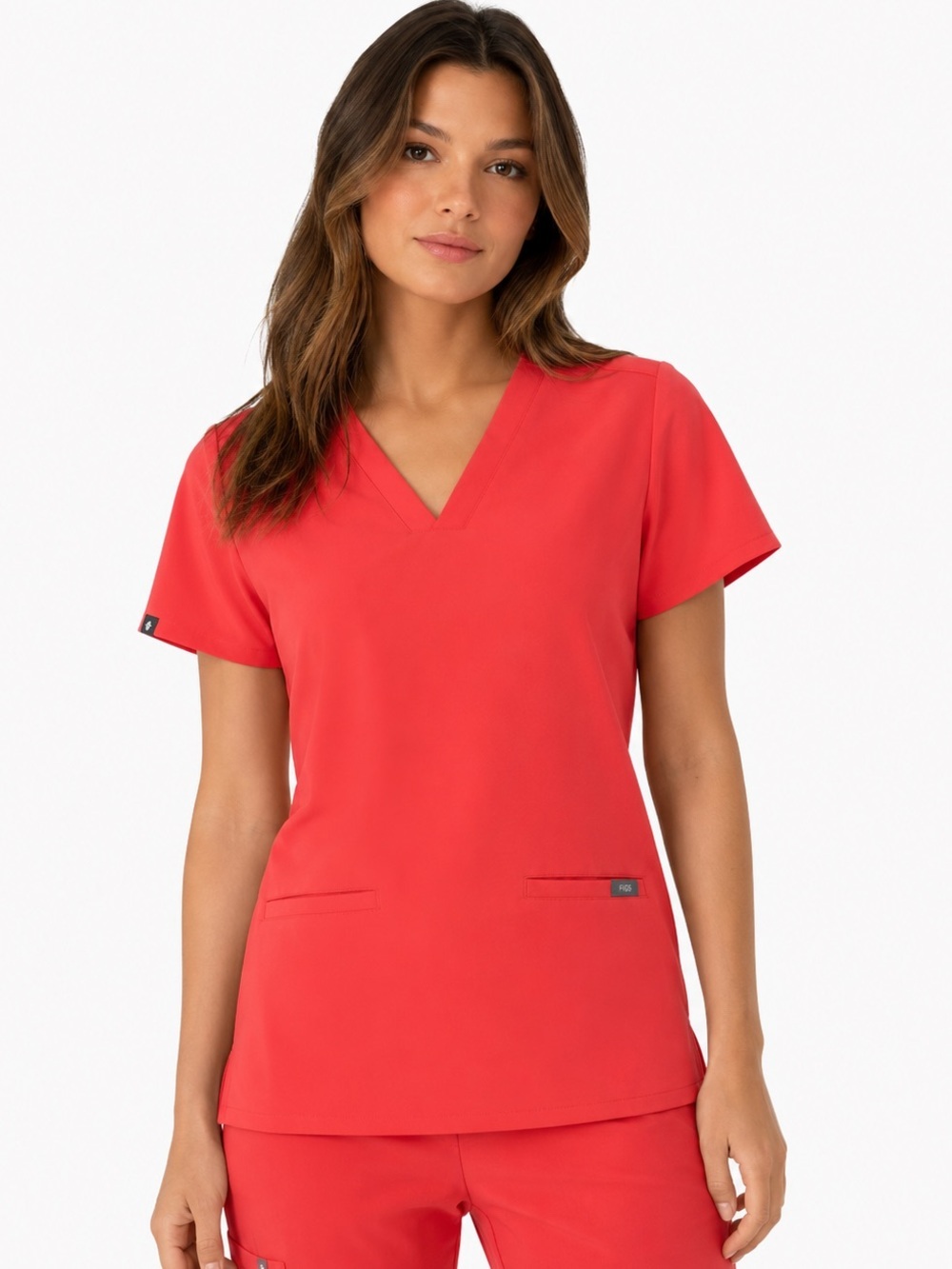 FIGS Casma Scrub Top XS Fiery Coral FIONx 3 Pocket V-Neck Technical Comfort